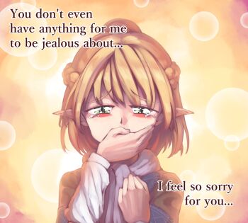 1girl arm_warmers bad_id bad_pixiv_id blonde_hair blush braid brown_jacket english_text fingernails furrowed_brow geren_eyes green_eyes hair_between_eyes half_up_braid hand_to_own_mouth hands_up jacket looking_at_viewer mizuhashi_parsee nose pointy_ears ponytail sad scarf short_hair short_ponytail short_sleeves subterranean_animism sunnysideup tearing_up tears third-party_edit third-party_source touhou translated upper_body white_scarf yellow_eyes
