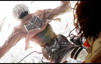 1boy 1girl 30_(mitsumaru) affair back bad_tag betrayal black_hair blurry brown_hair cheating_(relationship) dakadou depth_of_field disgrace from_behind incest infidelity jacket jean_kirstein light_brown_hair mikasa_ackerman military military_uniform multicolored_hair netorare netorase out_of_character shingeki_no_kyojin short_hair three-dimensional_maneuver_gear trash two-tone_hair unfaithful wire