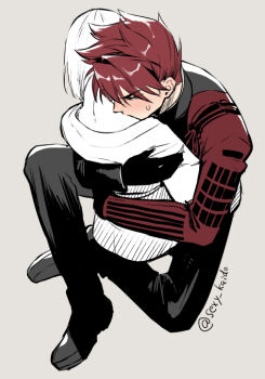 2boys armor arms_around_another's_waist artist_name back black_gloves black_jacket black_pants black_shoes blush bob_cut closed_mouth couple embarrassed eyes_visible_through_hair face_in_neck faceless faceless_male facing_away from_above from_behind from_side full_body gloves grey_background grey_eyes hair_over_one_eye hands_on_another's_back height_difference hug indian_style jacket japanese_armor japanese_clothes kimono kote long_sleeves looking_down male_focus male_saniwa_(touken_ranbu) military military_uniform multiple_boys obi ookanehira_(touken_ranbu) pants partially_colored pauldrons red_hair saniwa_(touken_ranbu) sash sexy_kaido shoes short_hair shoulder_armor sideburns simple_background sitting sitting_on_lap sitting_on_person size_difference sode solo_focus spiked_hair sweat sweatdrop touken_ranbu twitter_username yaoi