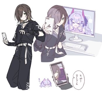 >_< 2girls :d :t bare_shoulders belt belt_buckle black_nails black_pants black_shirt blush brown_hair buckle cellphone closed_eyes closed_mouth clothing_cutout collarbone collared_shirt commentary_request computer_keyboard cropped_legs dress_shirt green_eyes grey_belt hair_between_eyes hair_ornament hair_over_one_eye hairclip headgear hijiri_(resetter) holding holding_phone long_sleeves monitor multicolored_hair multiple_girls nail_polish nayuta_(hijiri) open_mouth original pants phone pink_shirt puffy_long_sleeves puffy_sleeves purple_hair shirt shoulder_cutout sleeves_past_wrists smile star_(symbol) star_hair_ornament streaked_hair teardrop translation_request x_hair_ornament xd