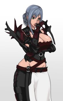 Rule 34 | 10s, 1girl, aranea highwind, armor, breasts, cleavage, female focus, final fantasy, final fantasy xv, green eyes, grey hair, highres, large breasts, short hair, smile, solo, standing, tagme