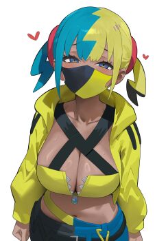 1girl absurdres aqua_hair bandeau black_hair black_pants blonde_hair blue_eyes blue_pants breasts canari_(pokemon) cleavage collarbone commentary dark-skinned_female dark_skin heart highres hood_(james_x) jacket large_breasts long_sleeves looking_at_viewer multicolored_hair navel nintendo pants pokemon pokemon_legends:_z-a short_hair simple_background solo symbol-only_commentary two-tone_pants unzipped white_background yellow_bandeau yellow_jacket