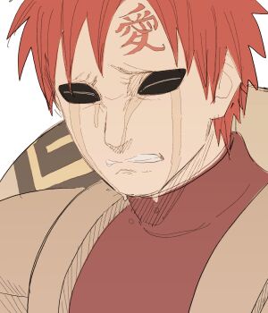 Rule 34 | 1boy, absurdres, black eyeliner, closed eyes, crying, eyeliner, facing viewer, gaara (naruto), gourd, highres, makeup, male focus, naruto (series), naruto shippuuden, pnpk 1013, red hair, solo, streaming tears, tears, teeth, white background