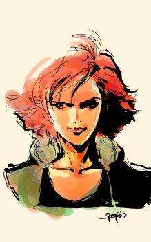 Rule 34 | 1girl, closed mouth, concept art, flipped hair, highres, jacket, meryl silverburgh, metal gear (series), metal gear solid, official art, portrait, red hair, shinkawa youji, short hair, sideways glance, signature, simple background, smile, solo, tank top
