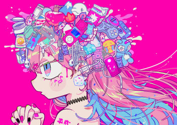 1girl absurdly_detailed_composition black_choker blush_stickers cable candy cellphone choker colorful commentary cross crying_emoji decora digital_media_player earphones emoji flip_phone food from_side gummy_bear heisei heisei_retro highres ipod ipod_nano ipod_nano_3g jitome long_sleeves microsoft_windows milk_carton multicolored_eyes nail_polish nintendo original own_hands_together phone pink_background pink_hair pink_theme pom_pom_(clothes) portrait razor_blade recycle_bin shoulder_tattoo simple_background stuffed_animal stuffed_toy super_famicom_gamepad tattoo tattoo_choker teddy_bear terada_tera too_many_hair_ornaments usb yami_kawaii