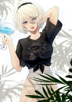 2b_(nier:automata) alternate_costume animal_print arm_up black_hairband black_shirt commentary cup fish_print grey_eyes hair_between_eyes hairband hand_on_own_neck highres holding holding_cup leaf leotard looking_at_viewer mitsuki_nite mole mole_under_mouth nier:automata nier_(series) no_pants shirt short_hair tied_shirt white_hair white_leotard