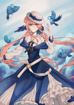 Rule 34 | 1girl, absurdres, arknights, belt, bird, black bow, black ribbon, blue dress, blue feathers, bow, ceylon (arknights), dress, feather hair, feathers, gloves, hand up, hat, hat bow, highres, long hair, long sleeves, looking at viewer, meiriane00, petticoat, pink hair, ribbon, shirt, smile, solo, standing, very long hair, white belt, white gloves, white hat, white shirt, yellow eyes