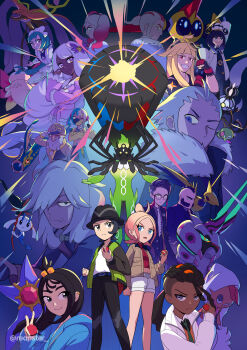 6+boys 6+girls absurdres aqua_hair arm_up az_(pokemon) beard belt black_belt black_dress black_eyes black_gloves black_hair black_hat black_jacket black_pants blonde_hair blue_belt blue_eyes blue_gloves blue_jacket blunt_bangs blush blush_stickers bracelet brown_hair brown_helmet brown_jacket canari_(pokemon) chandelure clefable clenched_hand closed_mouth collared_shirt commentary corbeau_(pokemon) covered_mouth cropped_jacket cube_hair_ornament dark-skinned_female dark-skinned_male dark_skin dragalge dress eelektross english_commentary everyone eyelashes facial_hair falinks fascinator fingerless_gloves fire floette floette_(eternal) frills fur_trim gen_1_pokemon gen_2_pokemon gen_5_pokemon gen_6_pokemon gen_8_pokemon glasses glassses gloves gradient_hair green_hair green_jacket green_necktie grey_eyes grin griselle_(pokemon) grisham_(pokemon) gwynn_(pokemon) hair_ornament hair_over_one_eye hand_on_headwear hand_on_own_shoulder hat helmet highres holding holding_poke_ball hood hood_up ivor_(pokemon) jacinthe_(pokemon) jacket jewelry lebanne_(pokemon) legendary_pokemon lida_(pokemon) long_hair long_sleeves lysandre_(pokemon) maid_headdress mask mature_male medium_hair mega_chandelure mega_clefable mega_dragalge mega_eelektross mega_falinks mega_pokemon mega_scolipede mega_scrafty mega_skarmory mega_starmie mega_stone midriff mohawk mouth_mask multicolored_hair multiple_boys multiple_girls naveen_(pokemon) navel necktie nintendo one_eye_closed open_clothes open_jacket open_mouth orange_eyes orange_vest pants partially_fingerless_gloves paxton_(pokemon) philippe_(pokemon) pink_dress pink_hair poke_ball poke_ball_(basic) pokemon pokemon_(creature) pokemon_legends:_z-a purple_eyes purple_fire purple_hair purple_shirt reapster_(tdwg3572) red_hair red_shirt round_eyewear scolipede scrafty shirt short_hair shorts skarmory smile split-color_clothes split-color_hair split_mouth spoilers standing starmie tarragon_(pokemon) taunie_(pokemon) twintails two-tone_pants undercut very_long_hair vest white-framed_eyewear white_background white_gloves white_hair white_headdress white_necktie white_shirt white_shorts yellow_eyes yellow_jacket zygarde zygarde_core