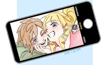 1boy 1girl arm_around_shoulder blonde_hair blue_background blue_eyes blunt_bangs blush border cellphone cheek-to-cheek couple dated green_hoodie grin hair_ornament hairclip hand_on_another&#039;s_cheek hand_on_another&#039;s_face heads_together hetero hood hoodie link nintendo one_eye_closed open_mouth phone photo_(object) pink_shirt pointy_ears ponytail princess_zelda seza_game shirt short_hair sidelocks smartphone smile teeth the_legend_of_zelda the_legend_of_zelda:_skyward_sword upper_body white_border