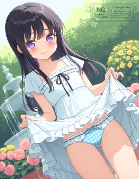 1girl absurdres black_hair blue_panties blue_sky bush closed_mouth clothes_lift commentary_request commission day dress dress_lift flower fountain frilled_dress frilled_panties frills gluteal_fold highres leaf lifting_own_clothes long_hair looking_at_viewer nikki_(n2kkey) original outdoors panties pink_flower pink_rose pixiv_commission purple_eyes rose shirt_lift short_sleeves sidelocks sky smile standing thighs underwear white_dress