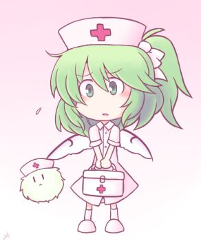 Rule 34 | 1girl, 216, :<, :o, alternate costume, blush, bow, chibi, commentary request, daiyousei, dress, fairy wings, first aid kit, floating, flying sweatdrops, full body, gradient background, green eyes, green hair, hair bow, hat, kedama (touhou), looking at viewer, no nose, nurse, nurse cap, pink background, pink dress, side ponytail, simple background, touhou, wings, | |