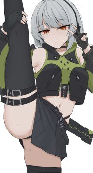 1girl absurdres anby_demara armpit_crease black_choker black_gloves black_panties black_skirt black_thighhighs breasts choker closed_mouth fingerless_gloves gloves grey_hair highres looking_at_viewer medium_breasts midriff namikare navel panties short_hair skirt solo split standing standing_on_one_leg standing_split thighhighs underwear v zenless_zone_zero