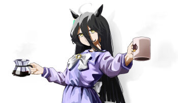 1girl absurdres ahoge animal_ears animal_print black_hair bow bowtie cat_print closed_mouth coffee_pot cup ear_ornament ear_tag earrings hair_between_eyes highres holding holding_cup horse_ears horse_girl jewelry kokonkorn long_bangs long_hair long_hair_between_eyes manhattan_cafe_(umamusume) mug multicolored_hair purple_sailor_collar purple_shirt purple_skirt sailor_collar school_uniform shirt simple_background single_earring skirt smile solo tracen_school_uniform umamusume very_long_hair waist_bow white_background white_bow white_bowtie white_hair yellow_eyes