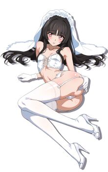 Rule 34 | 1girl, ass, black hair, blunt bangs, blush, bra, breasts, bridal lingerie, bridal veil, garter belt, garter straps, high heels, highres, kirakiriya, lace, lace-trimmed thighhighs, lace trim, lingerie, long hair, looking at viewer, panties, pink eyes, senki zesshou symphogear, shiny skin, simple background, small breasts, thighhighs, tsukuyomi shirabe, twintails, underwear, veil, white bra, white garter straps, white panties