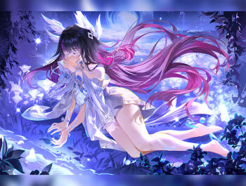 1girl alt_text bare_shoulders barefoot black_hair closed_eyes closed_mouth collarbone columbina_(genshin_impact) commentary dress english_commentary flower full_body genshin_impact libero_art light_smile long_hair lying multicolored_hair on_side purple_hair solo very_long_hair white_dress white_flower