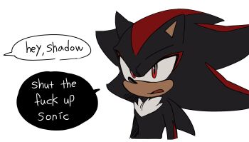 1boy animal_ears animal_nose black_fur body_fur cropped_torso english_text furry furry_male hedgehog_boy highres looking_at_viewer male_focus multicolored_fur open_mouth profanity red_eyes red_fur shadow_the_hedgehog simple_background solo sonic_(series) speech_bubble two-tone_fur unneul white_background