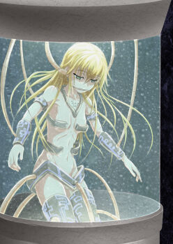 1girl akkiyniyan arc_system_works blazblue blonde_hair breasts censored convenient_censoring covering_privates covering_crotch covering_nipples empty_eyes green_eyes highres long_hair machine noel_vermillion nude shaded_face tattoo