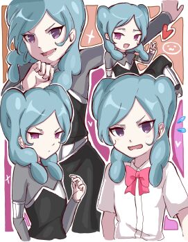1girl beta_(inazuma_eleven) beta_(kage_no_jitsuryokusha_ni_naritakute!) black_bodysuit blue_hair bodysuit border bow commentary double_bun grey_bodysuit hair_bun heart highres inazuma_eleven_(series) inazuma_eleven_go inazuma_eleven_go_chrono_stone light_blush minchia_(wncm5544) multiple_expressions multiple_views purple_eyes red_bow shirt smile white_border white_shirt
