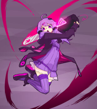 Rule 34 | 1girl, ahoge, black coat, black shoes, chainsaw, coat, commentary request, dress, full body, grey background, hair ornament, hairclip, long hair, long sleeves, open mouth, peru co, purple dress, purple eyes, purple hair, purple thighhighs, ribbed dress, shoes, solo, thighhighs, voiceroid, yuzuki yukari