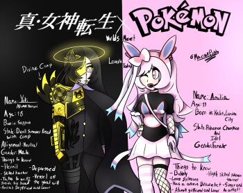 Rule 34 | 1boy, 1girl, atlus, cosplay, couple, crossover, gamefreak, gen 6 pokemon, goth fashion, highres, idol, jack frost (megami tensei), macirollfights, nintendo, original, pastel colors, pokemon, sega, shin megami tensei, ship, shipping (fandom), sylveon, sylveon (cosplay), watercraft