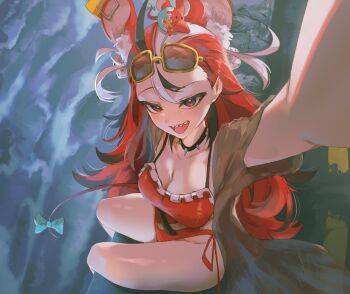 1girl absurdres animal_ears black_streaks blue_eyes bow breasts cleavage dice_hair_ornament eyewear_on_head hair_ornament hakos_baelz hakos_baelz_(holonatsu_paradise) highres hololive hololive_english insfidelie large_breasts long_hair looking_at_viewer mouse_ears mouse_girl mouse_on_head mouse_tail mousetrap mr._squeaks_(hakos_baelz) multicolored_hair official_alternate_costume official_alternate_hairstyle one-piece_swimsuit reaching reaching_towards_viewer red_hair red_one-piece_swimsuit sharp_teeth sitting solo sunglasses swimsuit tail tail_bow tail_ornament teeth virtual_youtuber white_hair