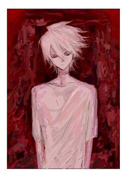 1boy blue_eyes border eyeshadow eyeshadow_under_eye fate/grand_order fate_(series) hair_between_eyes karna_(fate) looking_at_viewer makeup male_focus ngg_n pale_skin red_background red_eyeshadow scar scar_on_neck shirt short_hair solo upper_body white_border white_hair white_shirt