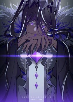 1boy black_cape black_hair black_robe cape character_name commentary cookie_run cookie_run:_kingdom covered_mouth crown dark-skinned_male dark_cacao_cookie dark_skin english_commentary fur-trimmed_cape fur_trim furrowed_brow gem glint grey_background hair_between_eyes hands_on_hilt highres illustluce leaning_on_object looking_at_viewer male_focus mature_male multicolored_hair official_alternate_costume ponytail purple_eyes purple_gemstone robe sash second-party_source solo streaked_hair sword upper_body weapon white_hair wrinkled_skin