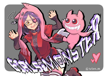 1girl claw_pose commentary_request eyepatch fangs hayasaka_mirei heart heart_eyepatch highres idolmaster idolmaster_cinderella_girls looking_at_viewer multicolored_hair open_mouth purple_hair red_hair short_hair skirt smile solo stuffed_toy thighhighs totoro_on two-tone_hair yellow_eyes zettai_ryouiki