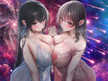 2girls arched_back babydoll bare_arms black_hair blue_babydoll blue_eyes blush breast_press breasts collarbone cum cum_on_body cum_on_breasts cum_on_upper_body hair_ribbon highres interlocked_fingers large_areolae large_breasts large_nipples lingerie lips long_hair looking_at_viewer meteor meteor_shower multiple_girls nipple_slip nipples non-web_source original parted_lips pink_babydoll ribbon shiroiruka sidelocks sky star_(sky) starry_sky symmetrical_docking underwear wakamezake yuri