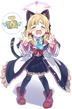 1girl animal_ear_headphones animal_ears banknote black_skirt black_thighhighs blonde_hair blue_archive blush boots bow bowtie cat_ear_headphones cat_ears closed_eyes coat collared_shirt commentary_request crying fake_animal_ears halo headphones highres karahai_(31448823) long_sleeves momoi_(blue_archive) money open_mouth pink_bow pink_bowtie pleated_skirt red_bow shadow shirt simple_background skirt solo standing tail tears thighhighs white_background white_coat white_shirt yen