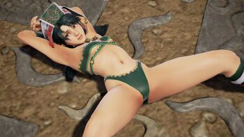 1girl 3d armpits arms_behind_head bikini black_hair breasts cleavage green_bikini highres lying navel seductive_smile small_breasts smile soul_calibur soulcalibur soulcalibur_vi swimsuit talim