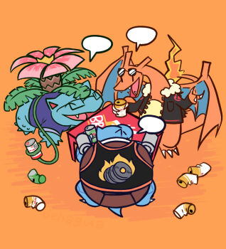 beer_can black_jacket blank_speech_bubble blastoise blue_shirt brahma_(beer) budweiser can cannon charizard claws clothed_pokemon dehagua dragon drink_can fangs fire flame-tipped_tail flower full_body gen_1_pokemon glasses heineken holding itaipava jacket nintendo no_humans open_mouth plant pokemon pokemon_(creature) portuguese_commentary shirt shoulder_cannon sleeveless sleeveless_shirt smile speech_bubble standing starter_pokemon_trio sunglasses tail turtle venusaur vines