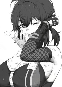 1girl absurdres asymmetrical_gloves bags_under_eyes breasts commentary_request dirty fingerless_gloves gloves goggles goggles_on_head grace_howard greyscale highres joji_nyudo large_breasts mismatched_gloves monochrome one_eye_closed simple_background solo squeans tearing_up upper_body white_background yawning zenless_zone_zero zipper_top