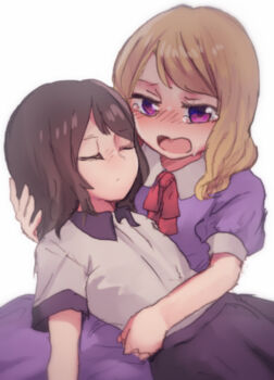 Rule 34 | 2girls, black skirt, blonde hair, bow, brown hair, closed eyes, commentary request, crying, crying with eyes open, dress, implied death, maribel hearn, multiple girls, puffy short sleeves, puffy sleeves, purple dress, purple eyes, red bow, shirt, short sleeves, shukinuko, skirt, tears, touhou, unconscious, upper body, usami renko, white shirt