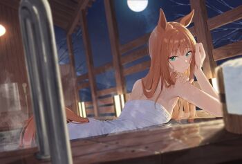 1girl animal_ears aqua_eyes blush closed_mouth commentary_request cover horse_ears horse_girl long_hair looking_at_viewer naked_towel ningen_gokko onsen orange_hair silence_suzuka_(umamusume) smile solo towel umamusume wet wet_hair