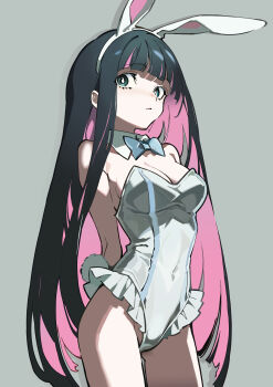 1girl absurdres animal_ear_hairband animal_ears arms_behind_back black_hair blue_bow blue_bowtie blue_eyes blunt_bangs bow bowtie breasts colored_inner_hair detached_collar fake_animal_ears frilled_leotard frills grey_background hairband hatsutahaku highres leotard long_hair looking_at_viewer medium_breasts multicolored_hair panty_&amp;_stocking_with_garterbelt pink_hair playboy_bunny rabbit_ears rabbit_tail simple_background solo stocking_(psg) strapless strapless_leotard tail two-tone_hair white_leotard