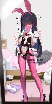 1girl alternate_costume animal_ear_hairband animal_ears arm_strap armlet bare_arms bare_shoulders bed bedroom black_hair black_shoes blue_archive blue_hair blush breasts carpet clothing_cutout colored_inner_hair dated detached_collar ear_blush fake_animal_ears fake_tail flat_chest flying_sweatdrops full-face_blush full_body gloves gluteal_fold hair_between_eyes hairband hands_up heart heart_cutout high_heels highres holding holding_phone indoors itinana jewelry justice_task_force_member_(blue_archive) latex loli long_hair messy_room mirror_selfie multicolored_hair navel navel_cutout nightstand no_eyes pantyhose peroro_(blue_archive) phone pillow pink_hairband pink_pantyhose playboy_bunny rabbit_ears rabbit_tail red_ribbon ribbon rug selfie shoes skirt slippers small_breasts solo spoken_sound_effect spoken_sweatdrop standing stomach stuffed_toy sweatdrop tail taking_picture thighs twitter_username unworn_skirt very_long_hair white_gloves wooden_floor