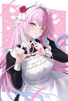 1girl absurdres alternate_costume apron black_dress closed_mouth commentary_request cyrene_(demiurge)_(honkai:_star_rail) cyrene_(honkai:_star_rail) dress enmaided grey_hair hands_up heart heart_hands highres honkai:_star_rail honkai_(series) long_hair long_sleeves looking_at_viewer maid maid_apron maid_headdress one_eye_closed pink_hair pointy_ears sakuno_(sksk_sakuno) smile solo symbol-shaped_pupils upper_body very_long_hair white_apron