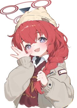 Rule 34 | 1girl, :d, \||/, absurdres, animal ear headwear, beanie, black sweater, blue archive, blue eyes, blush, braid, bright pupils, brown hat, brown jacket, collared shirt, commentary, cropped torso, fake animal ears, hair over shoulder, halo, hand up, hat, head tilt, highres, holding, holding own hair, jacket, layered clothes, long hair, long sleeves, looking at viewer, luoboji, maki (blue archive), maki (camp) (blue archive), official alternate costume, official alternate hairstyle, open clothes, open jacket, open mouth, puffy long sleeves, puffy sleeves, red hair, red halo, red sweater vest, shirt, sidelocks, simple background, smile, solo, sweater, sweater vest, upper body, waving, white background, white pupils, white shirt