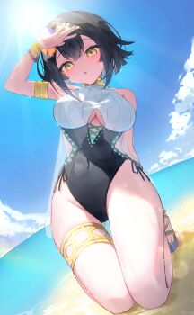 1girl absurdres amber_(stella_sora) arm_behind_back arm_up armlet beach black_hair black_one-piece_swimsuit blue_sky blush bracelet breasts chisei259 clothing_cutout cloud commentary_request covered_navel day from_below full_body highres jewelry kneeling looking_at_viewer looking_down ocean one-piece_swimsuit open_mouth outdoors sandals shading_eyes short_hair sky solo stella_sora sun sweat swimsuit underboob underboob_cutout yellow_eyes