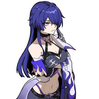 1girl acheron_(honkai:_star_rail) bandages breasts buckle choker cleavage commentary crop_top crossed_arms english_commentary flame_print hair_over_one_eye highres honkai:_star_rail honkai_(series) jacket large_breasts long_hair midriff navel open_clothes open_jacket purple_eyes purple_hair single_bare_shoulder staring strap white_background zenicia_art