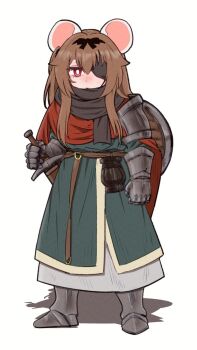 Rule 34 | animal ears, armor, belt, black scarf, brown hair, clenched hand, cloak, eyepatch, gauntlets, highres, holding, holding sword, holding weapon, lantern, long hair, looking at viewer, mouse ears, mouse girl, pawn (rimworld), plate armor, ratkin (rimworld), red cloak, red eyes, rimworld, ryuhwarunerune, sabaton, scarf, shield, surcoat, sword, weapon, white background