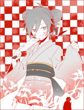 1boy 1girl aaniko alternate_costume alternate_hairstyle checkered_background commentary_request cowboy_shot double_bun ene_(kagerou_project) facial_mark gradient_clothes gradient_kimono hagoita hair_between_eyes hair_bun holding japanese_clothes kagerou_project kimono kisaragi_shintarou leaf_print long_sleeves looking_at_viewer obi paddle partially_colored print_kimono red_background sash short_hair shuttlecock sleeves_past_wrists solo_focus standing white_background