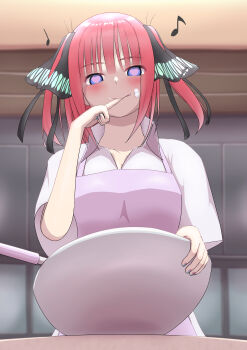 1girl absurdres apron black_ribbon blue_eyes blunt_bangs blush breasts butterfly_hair_ornament closed_mouth collared_shirt finger_to_mouth go-toubun_no_hanayome hair_ornament hair_ribbon heart heart-shaped_pupils highres looking_at_viewer ma_(user_tttp4245) musical_note nakano_nino pink_apron pink_hair ribbon shirt short_hair simple_background solo symbol-shaped_pupils two_side_up white_shirt