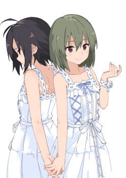 2girls antenna_hair back bare_shoulders black_eyes black_hair blush bow breasts cleavage closed_mouth collarbone commentary_request dress frilled_dress frills green_hair hand_grab hand_up highres idolmaster idolmaster_(classic) idolmaster_million_live! idolmaster_million_live!_theater_days kikuchi_makoto looking_at_another looking_down multiple_girls nagayoshi_subaru official_alternate_costume pure_onepiece_(idolmaster) rauto red_eyes short_hair simple_background sleeveless sleeveless_dress small_breasts smile standing sundress waist_bow white_background white_dress wristband