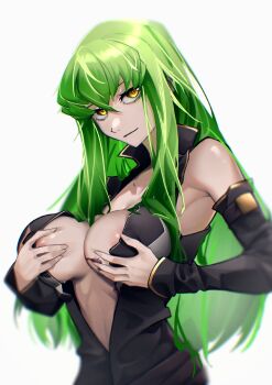 1girl absurdres bare_shoulders breasts c.c. code_geass elbow_gloves female_focus gloves green_hair highres large_breasts long_hair looking_at_viewer nipples scar senard simple_background grabbing_own_breast white_background yellow_eyes