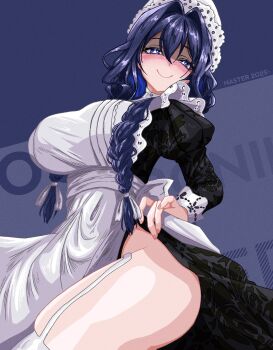 1girl black_dress blue_eyes blue_hair blush braid breasts clothes_lift dress dress_lift garter_straps hair_intakes highres large_breasts long_hair looking_at_viewer maid maid_headdress nasterro ouro_kronii ouro_kronii_(maid) puffy_sleeves smile solo thighhighs twin_braids