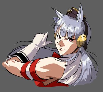 1girl animal_ears brown_hat commentary english_commentary gloves gold_ship_(red_strife)_(umamusume) gold_ship_(umamusume) grey_background hat headphones highres horse_ears horse_girl long_hair looking_at_viewer pink_eyes simple_background solo umamusume v-shaped_eyebrows white_gloves white_hair zeijak