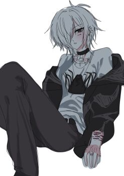 1girl black_eyes black_jacket feet_out_of_frame hair_over_one_eye head_tilt highres jacket jacket_partially_removed jewelry looking_at_viewer necklace original parted_lips reno_(re_leno) ring self-harm shirt short_hair sleeves_rolled_up solo white_hair white_shirt wrist_cutting
