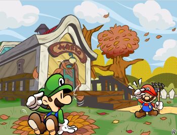 2boys autumn_leaves blue_overalls blue_sky boots brothers brown_boots cloud day facial_hair gloves grass green_hat green_shirt hat highres holding_rake house leaf looking_at_another luigi mario mario_(series) multiple_boys mustache myron440 nintendo outdoors overalls paper_mario rake red_hat red_shirt shirt siblings sitting sky tree white_gloves